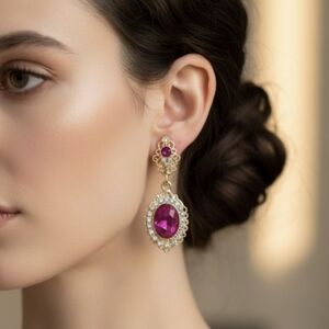 Alloy Earrings with imitation Crystal inlay,  durable Earrings Pink and gold-ton
